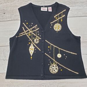 Vintage Beaded Christmas Ornament Sweater Vest Holiday Embellished Button Front